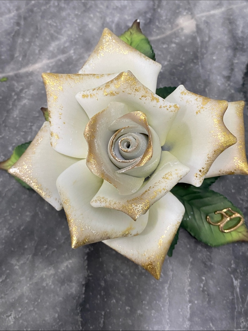 Beautiful White Ceramic Anniversary Rose with Gold Accents. Roman. 1997.